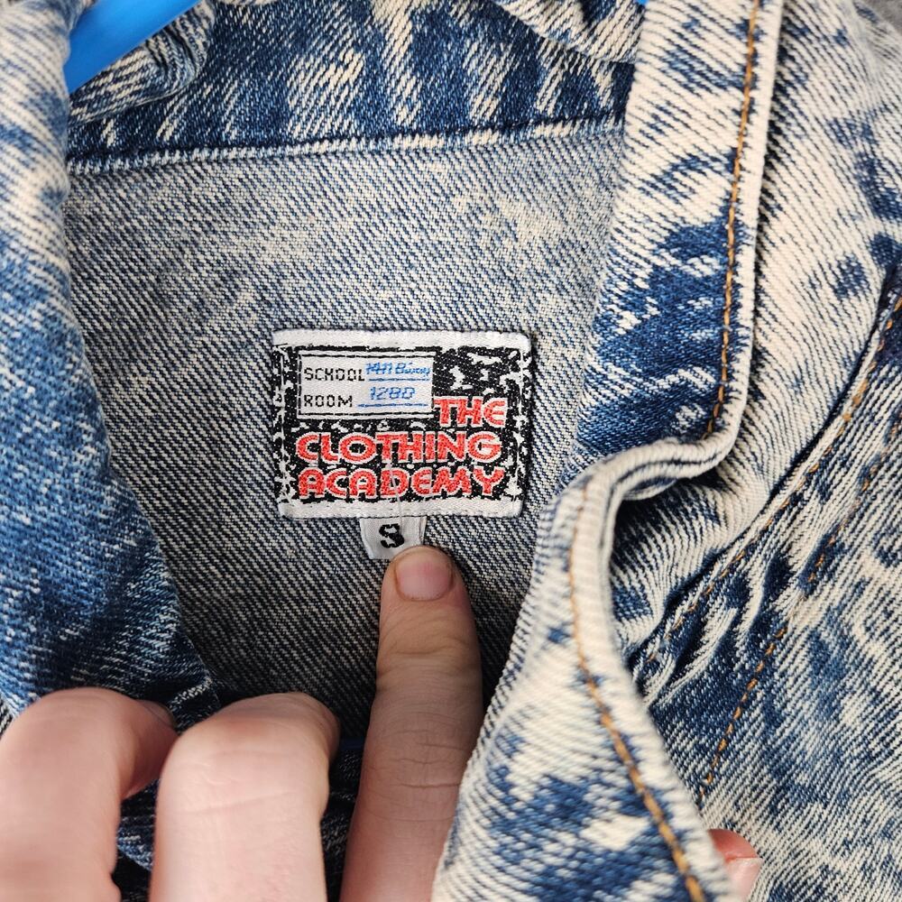 Vintage 80s Acid Wash Denim Blue Jacket Grunge Retro The Clothing Academy Sz S - Picture 2 of 8